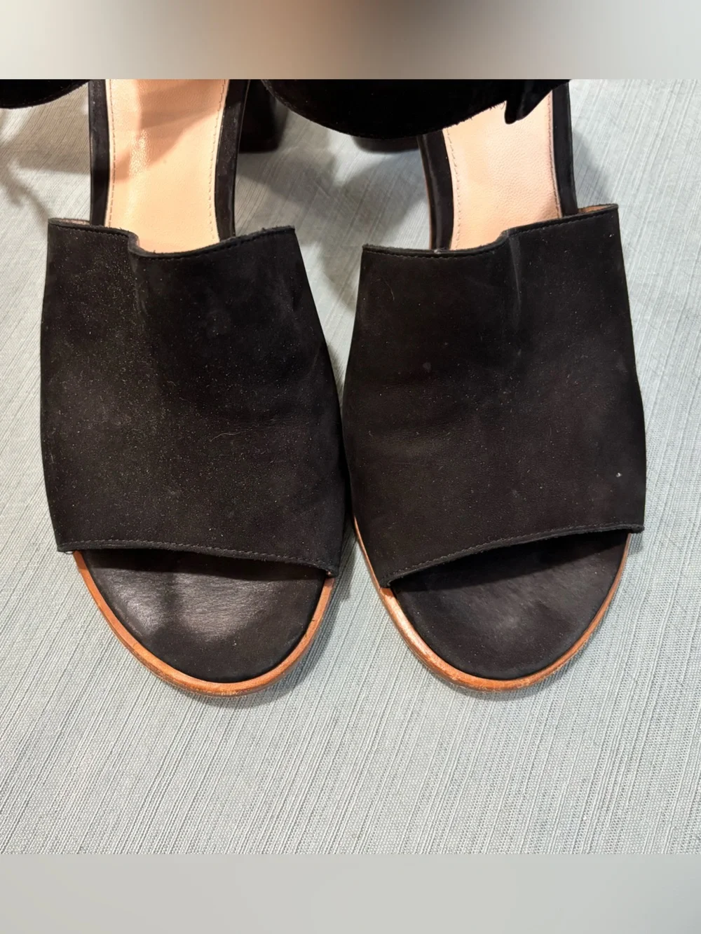Stuart Weitzman Black Suede Open-Toe Block Heel Sandals with Buckle 9